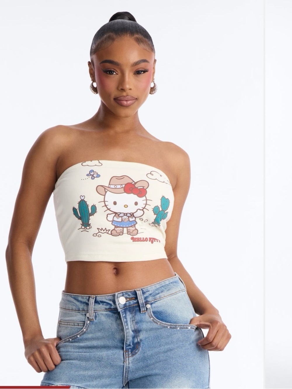 Hello Kitty Cream Tube Top with Red Bow and Teal Cactus